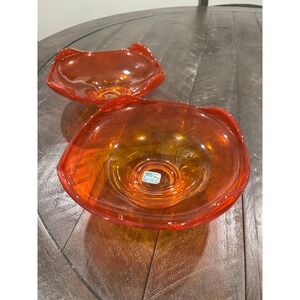 Vtg‎ Viking Persimmon Orange Epic Four Points Glass Bowls (2) Waves #6602